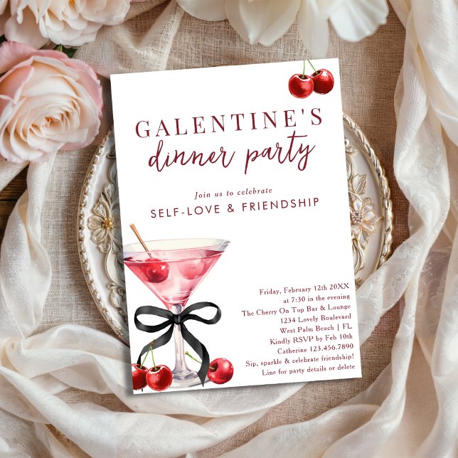 Invitación Black Bow Cherry Martini Galentines Dinner Party (Subido por el creador)