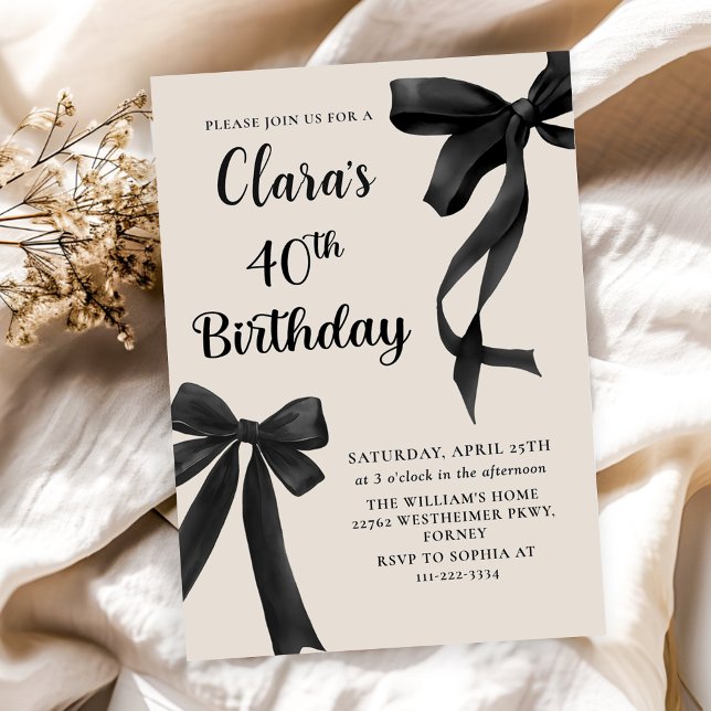 Invitación Black Bow Coquette 40th Birthday Party Invitation (Subido por el creador)