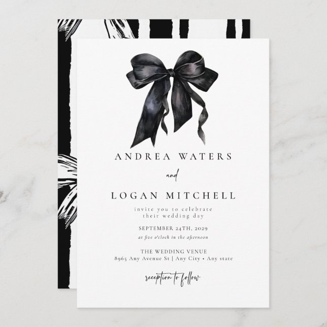 Invitación Black Bow | Coquette | Boda blanco negro mínimo (Anverso / Reverso)