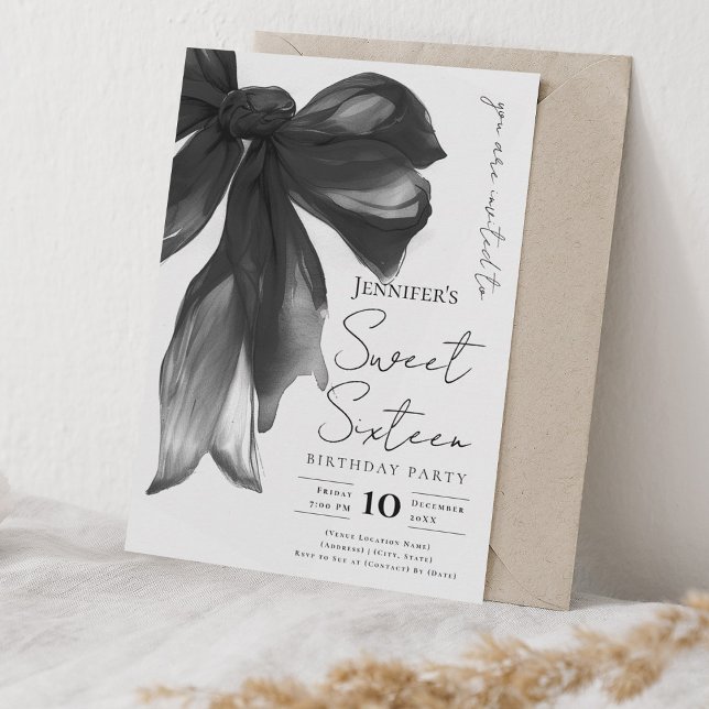 Invitación Black Bow Coquette Script Sweet 16 Party (Subido por el creador)