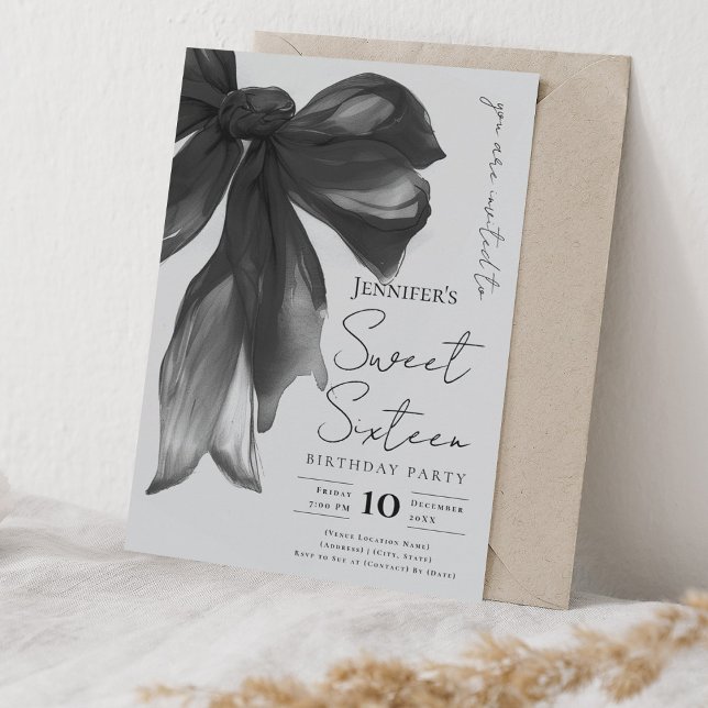 Invitación Black Bow Coquette Script Sweet 16 Party Gray  (Black Bow Coquette Script Sweet 16 Party Gray Invitation)