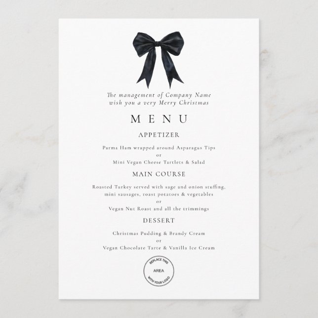Invitación Black Bow Corporate Logo Christmas Party Menu Card (Anverso)