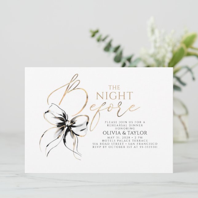 Invitación Black Bow Elegant Modern Chic Rehearsal Dinner (Anverso de pie)