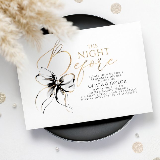 Invitación Black Bow Elegant Modern Chic Rehearsal Dinner (The Night Before Rehearsal Dinner Invitation with Black Bow)