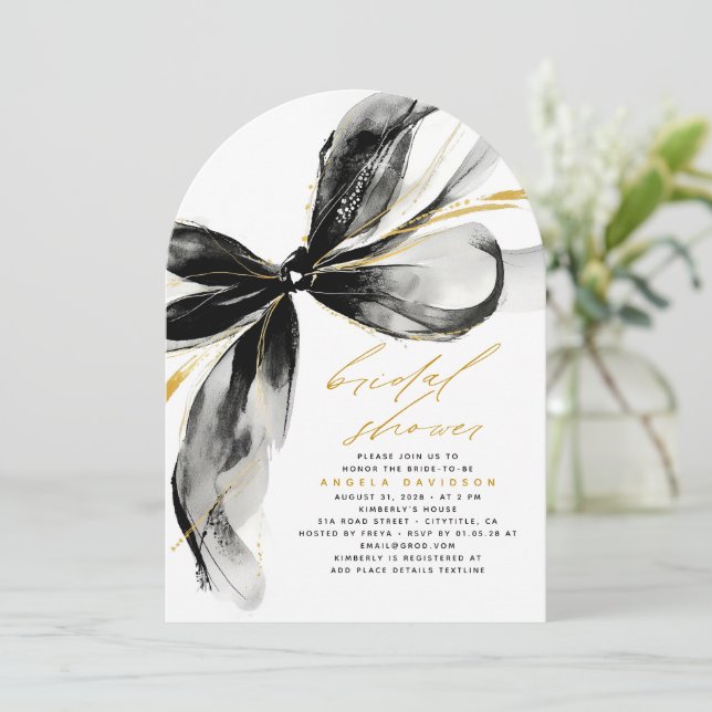 Invitación Black Bow Elegant Romantic Whimsical Bridal Shower (Anverso de pie)