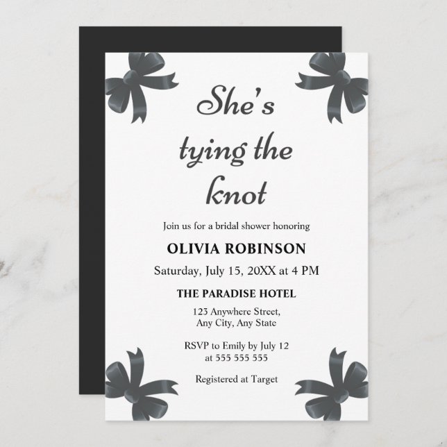 Invitación Black Bow está atando la ducha nupcial (Anverso / Reverso)
