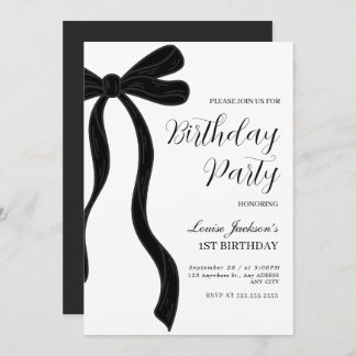 Invitación Black Bow First Birthday Party Invitation