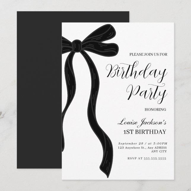 Invitación Black Bow First Birthday Party Invitation (Anverso / Reverso)