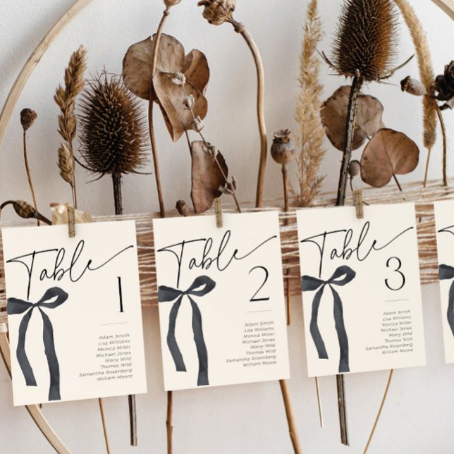 Invitación Black Bow Gótico Tying Knot Table Name Cards (Black bow seating chart cards with table numbers and names)
