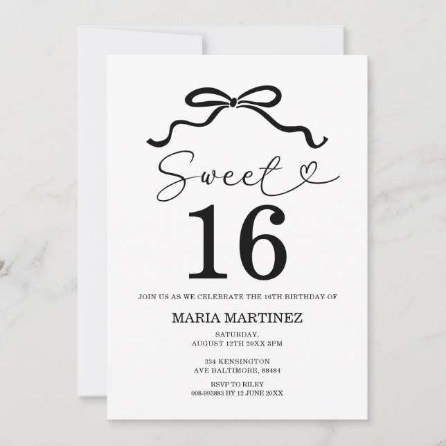 Invitación Black Bow Minimalista dulce moderno 16 cumpleaños (Anverso)