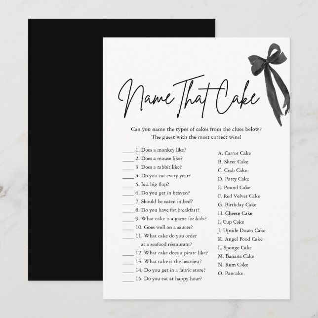 Invitación Black Bow Name That Cake Bridal Shower Game (Anverso / Reverso)