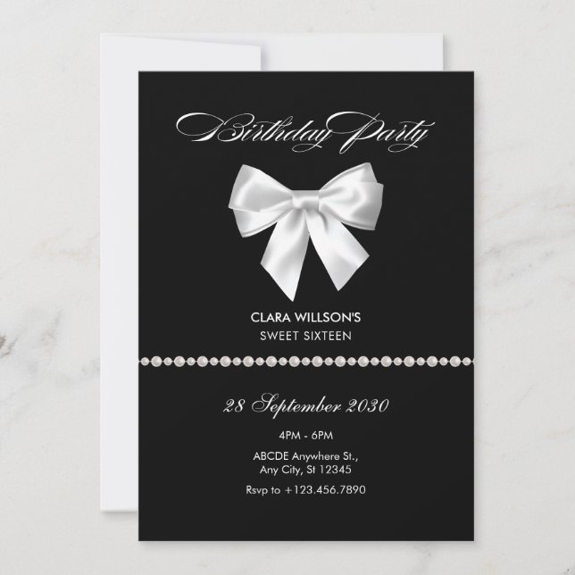 Invitación Black bow pearl birthday (Anverso)