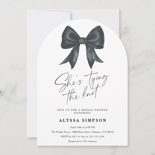 Invitación Black Bow She's tying the knot Bridal Shower (Anverso)
