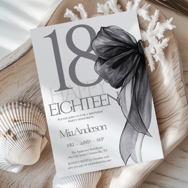 Invitación Black Bow Watercolor Birthday 18 (Subido por el creador)
