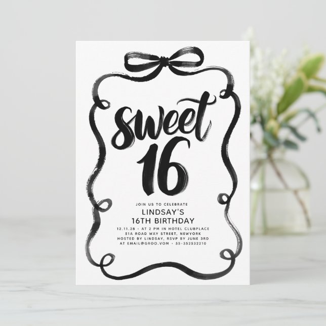 Invitación Black Bow Whimsical Sweet 16th Birthday (Anverso de pie)
