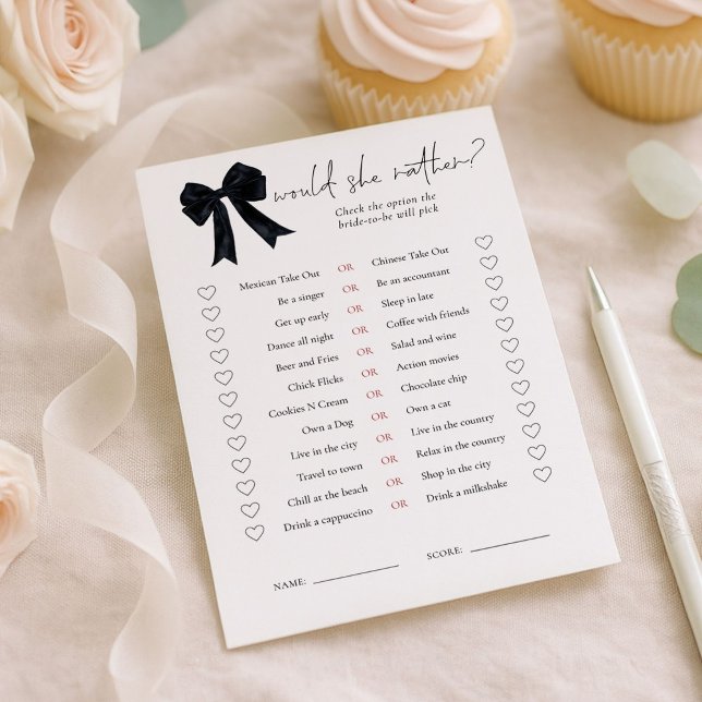 Invitación Black Bow Would She Rather Bridal Shower Game Card (Subido por el creador)