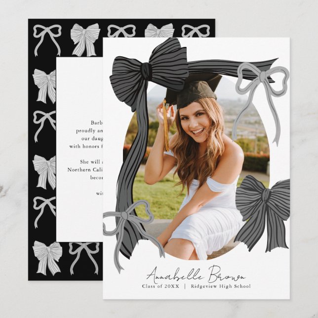 Invitación Black Bows Photo Message Graduation Announcement (Anverso / Reverso)