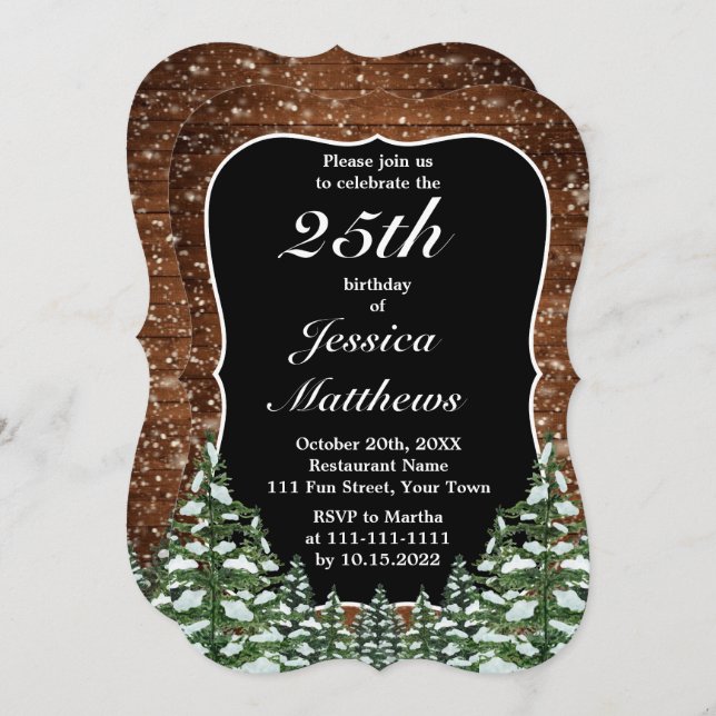 Invitación Black Bracket Snowy Wood and Forest Birday Party (Anverso / Reverso)