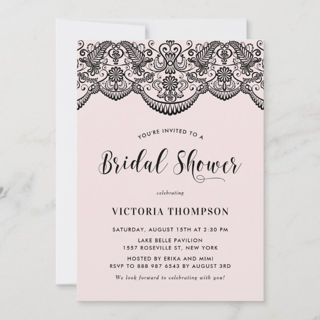 Invitación Black Brocade Lace Rubor Bridal Shower (Anverso)
