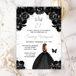 Invitación Black Brown Hair Princess Birthday Party