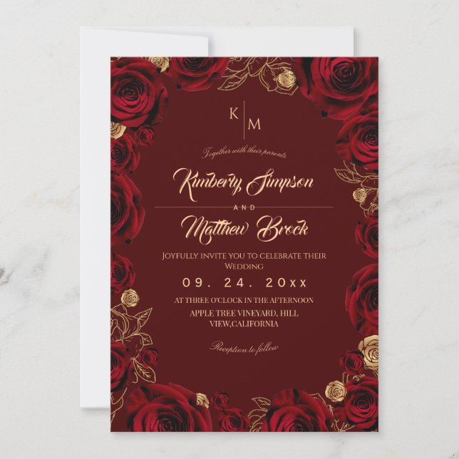 Invitación Black Burgundy and Gold Rose Floral Boho Wedding (Anverso)