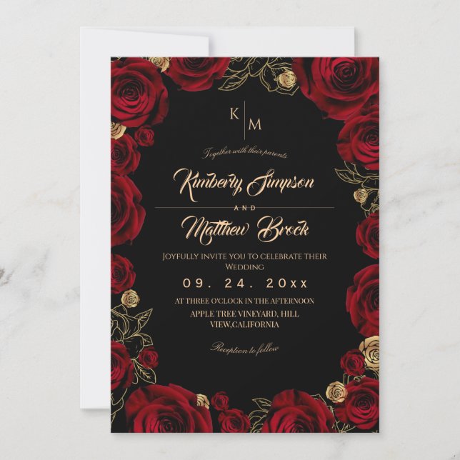 Invitación Black Burgundy⎮ Gold Rose Floral Boho Wedding (Anverso)