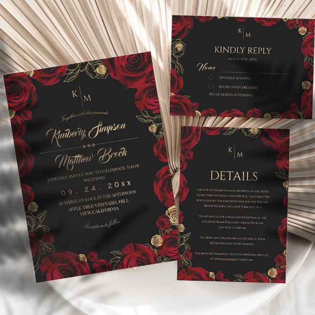 Invitación Black Burgundy⎮ Gold Rose Floral Boho Wedding (Subido por el creador)