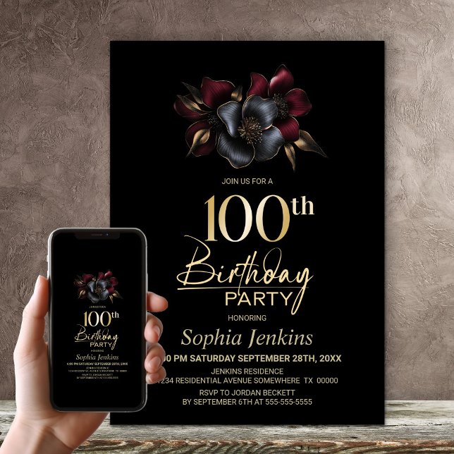 Invitación Black Burgundy Gray Floral 100 cumpleaños (Subido por el creador)