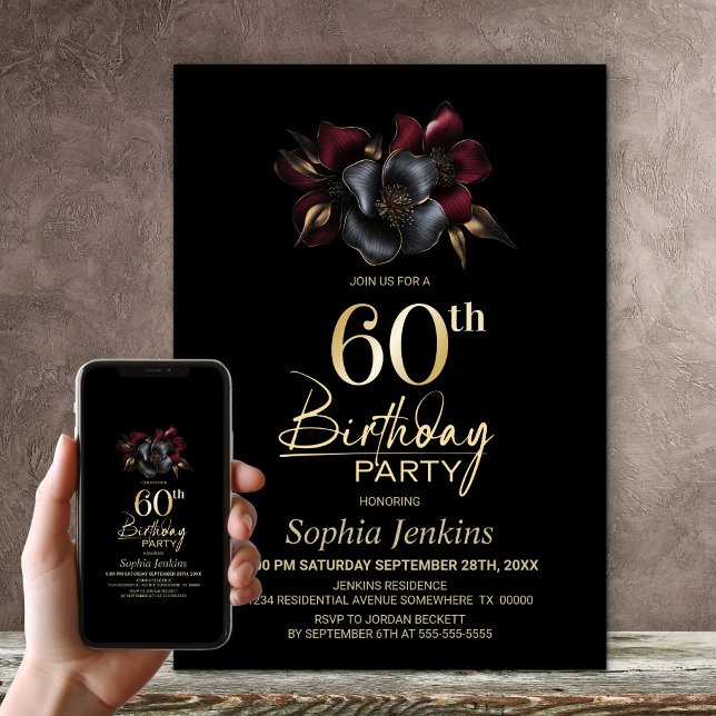 Invitación Black Burgundy Gray Floral 60 cumpleaños (Subido por el creador)