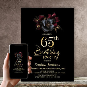Invitación Black Burgundy Gray Floral 65 cumpleaños