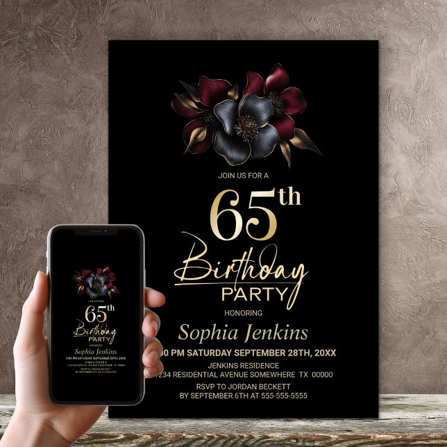 Invitación Black Burgundy Gray Floral 65 cumpleaños (Subido por el creador)