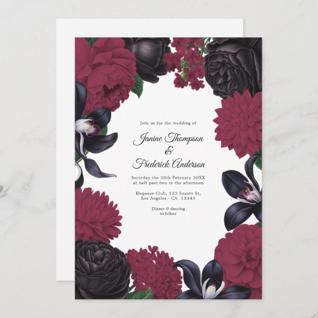 Invitación Black & Burgundy Photo/QR Code Floral Wedding (Anverso / Reverso)