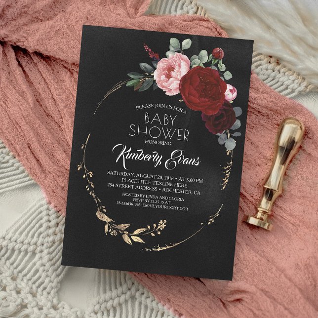 Invitación Black Burgundy Red and Gold Floral Baby Shower (Subido por el creador)