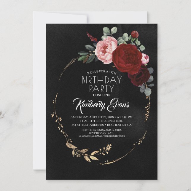 Invitación Black Burgundy Red and Gold Floral Modern Birthday (Anverso)