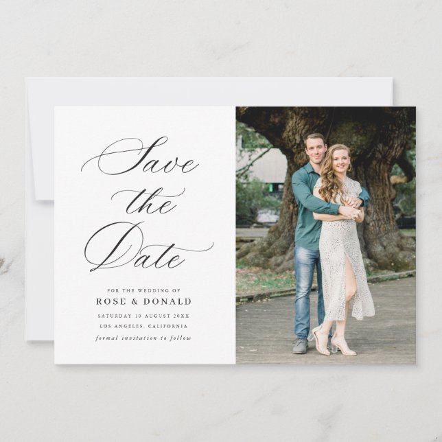 Invitación Black calligraphy script wedding save the date (Anverso)