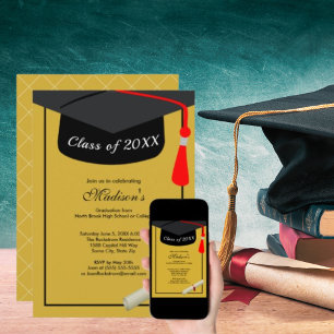 Invitación Black Cap Diploma Modern Gold Graduation Party