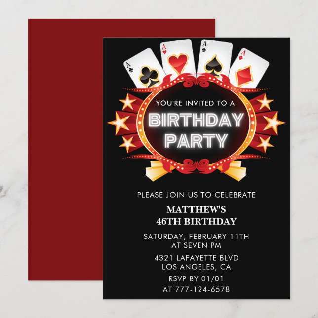 Invitación Black Casino Men Las vegas Poker 46º cumpleaños (Anverso / Reverso)
