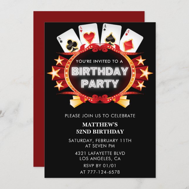 Invitación Black Casino Men Las vegas Poker 52 cumpleaños (Anverso / Reverso)