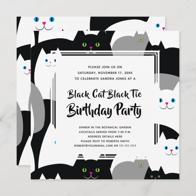 Invitación Black Cat Black Tie Funny Birday Party Invita (Anverso / Reverso)