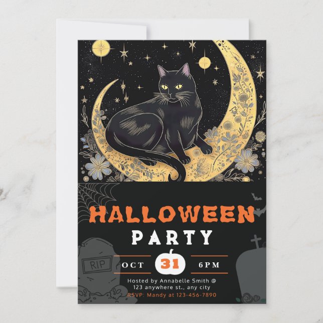 Invitación Black Cat Crescent Moon Floral Black Halloween (Anverso)