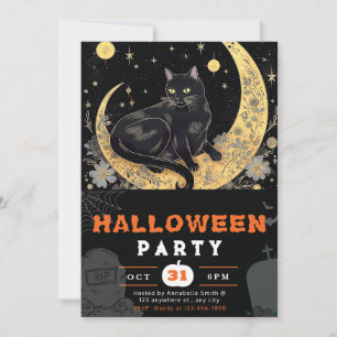 Invitación Black Cat Crescent Moon Floral Black Halloween