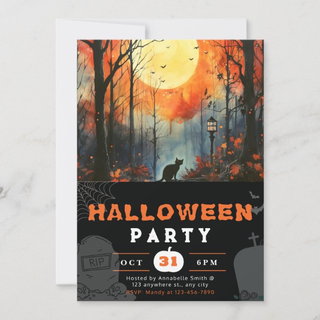 Invitación Black Cat Full Moon Forest Black Halloween (Anverso)