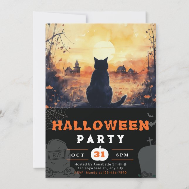 Invitación Black Cat Full Moon Otumn Black Halloween (Anverso)