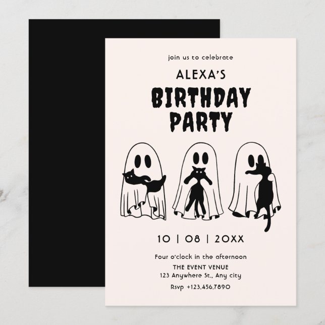 Invitación black Cat ghost birthday  (Anverso / Reverso)