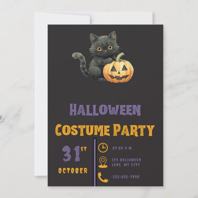 Invitación Black Cat Jack-O' Lantern Halloween negro moderno (Anverso)