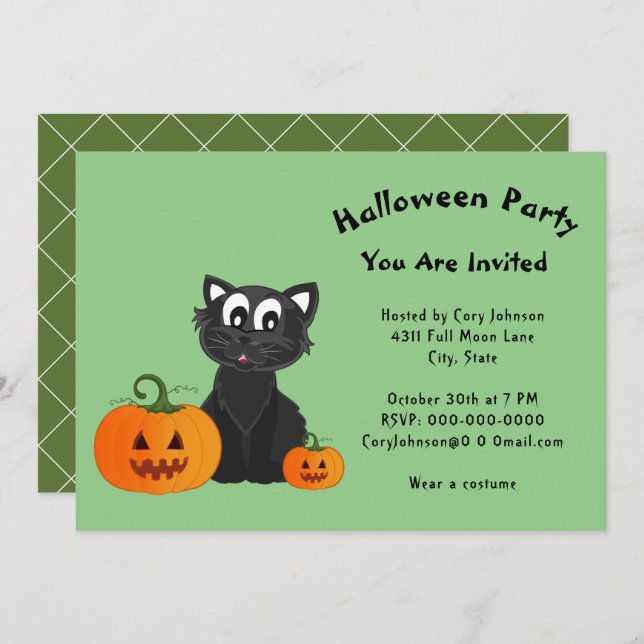 Invitación Black Cat Jack o' Lanterns Fiesta Halloween (Anverso / Reverso)