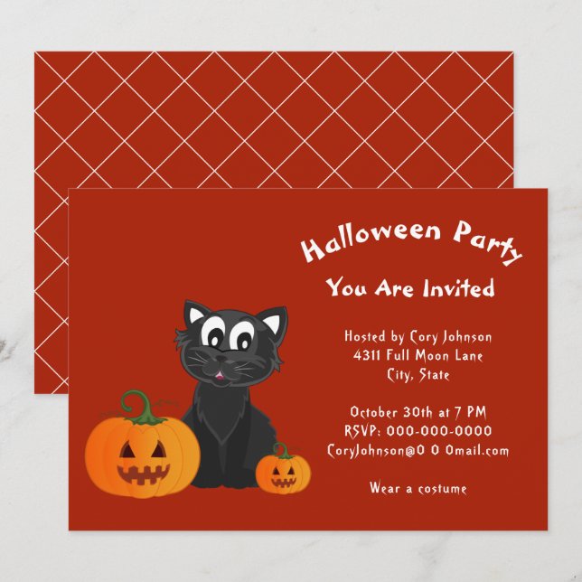 Invitación Black Cat Pumpkins Red Naranja Halloween Party (Anverso / Reverso)