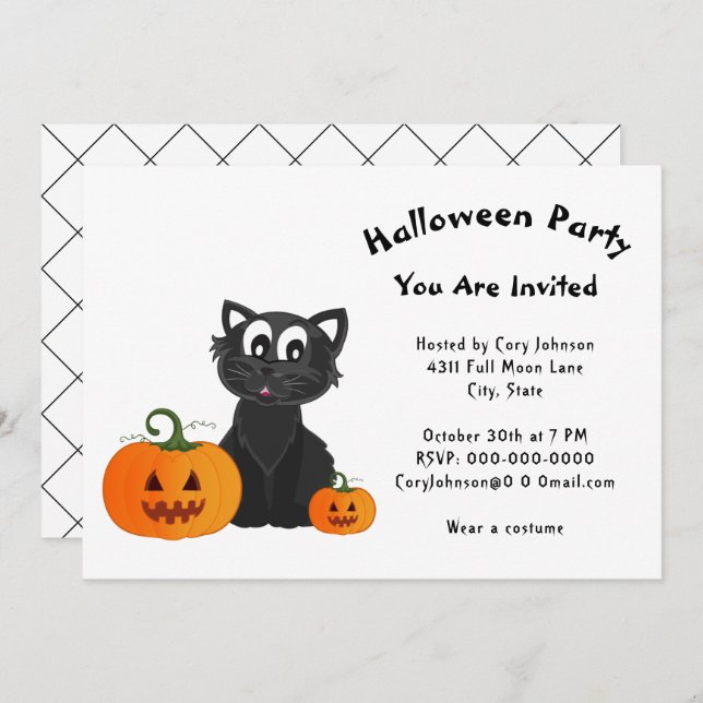 Invitación Black Cat Pumpkins White Pattern Halloween Party (Anverso / Reverso)