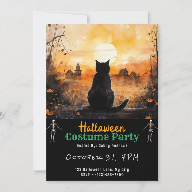 Invitación Black Cat Sunset Otoño Cae Halloween Negro (Anverso)