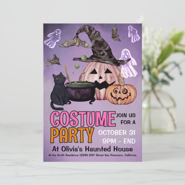 Invitación Black Cat Witch Ghost Halloween Costume Party  (Anverso de pie)